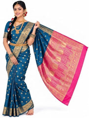 Exquisite Women's Banarasi Soft Silk Satin Saree with Rich Zari Border & Contrast Pallu | Festive Bridal Wear
