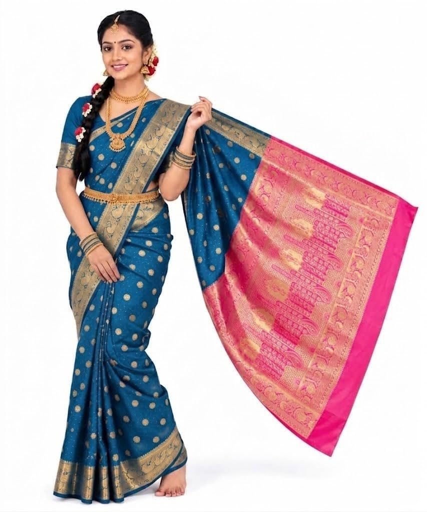 Exquisite Women's Banarasi Soft Silk Satin Saree with Rich Zari Border & Contrast Pallu | Festive Bridal Wear