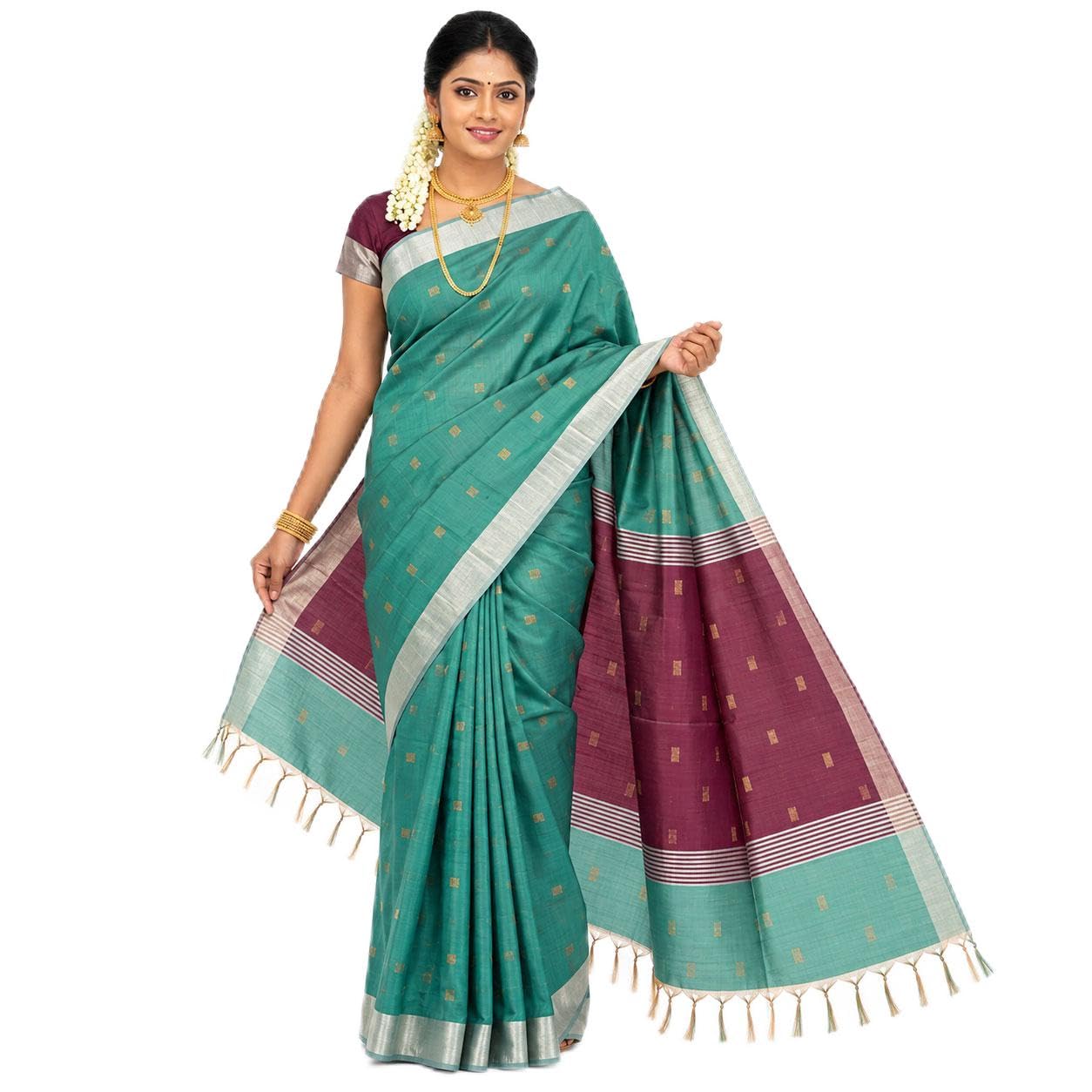 Women’s Maheswari Silk Cotton Saree with 1000 Butta Motifs, Silver Tissue Border & Contrast Pallu