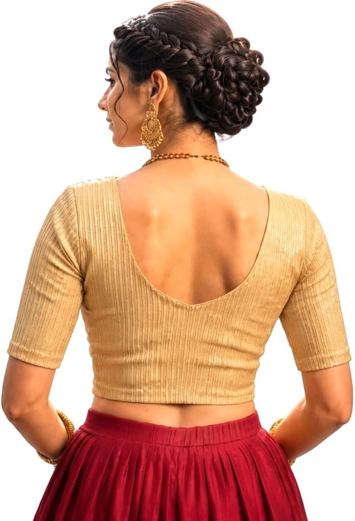 Women's Metallic Shimmer Saree Blouse Crop Top, Stretchable Round Neck Short Sleeve Designer Blouse