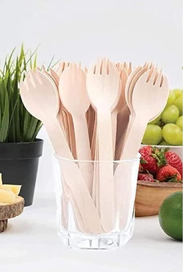 nalAmudhu Disposable Eco Friendly Wooden 16 cm Spork Dual Purpose 2 in 1 Spoon Fork (Wood, Pack of 100)