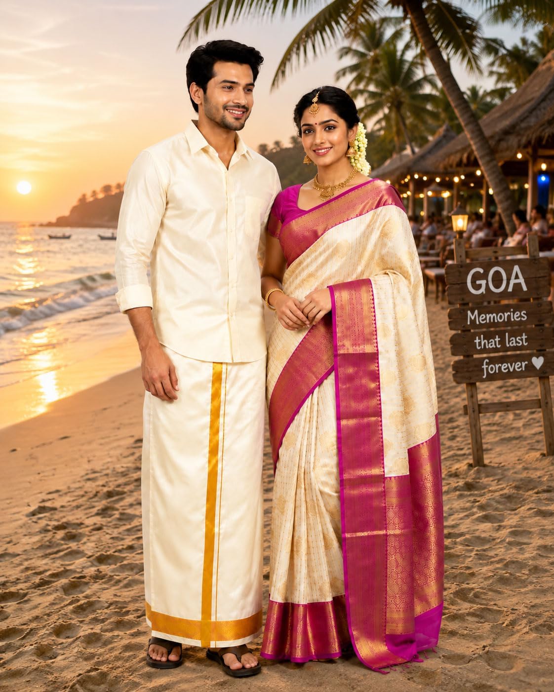 Asha Silk Wedding Dhoti for Men with Golden Zari Border | Ready to Wear Adjustable Stick-On Velcro Dhoti | Cream Traditional South Indian Groom Veshti for Wedding, Temple & Festivals