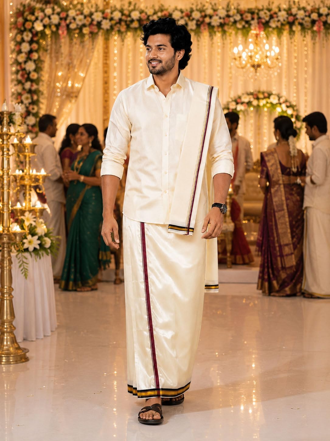 Men’s Cream Art Silk Thalapathy Style Marukarai Dhoti (3.6 Mtr) with Matching Angavastram (1.2 Mtr) Set | Traditional Zari Border Wedding & Festive Mundu Veshti