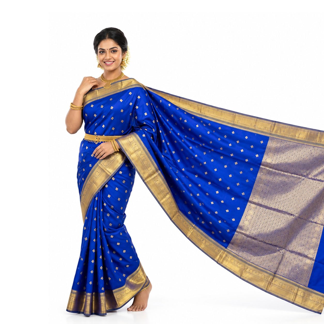 Women's Kanchi Cotton Saree with Rich Zari Border, Brocade Pallu & Blouse Piece