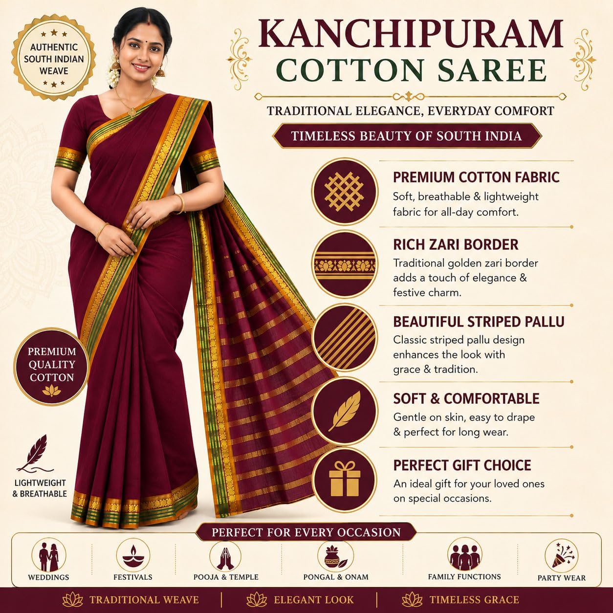Kanchipuram Cotton Saree for Women | Golden Zari Border | Traditional South Indian Saree for Wedding & Festival