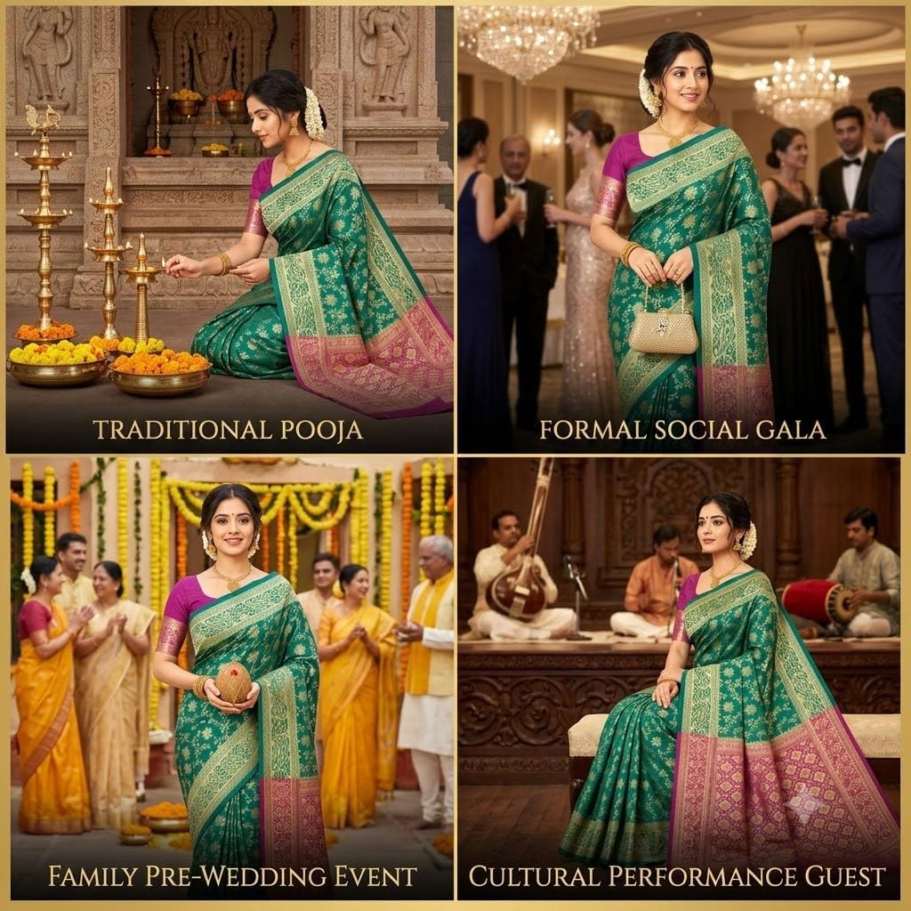 Traditional Banarasi Soft Silk Saree | Rich Zari Border & Contrast Pallu | Elegant Festive & Wedding Sari