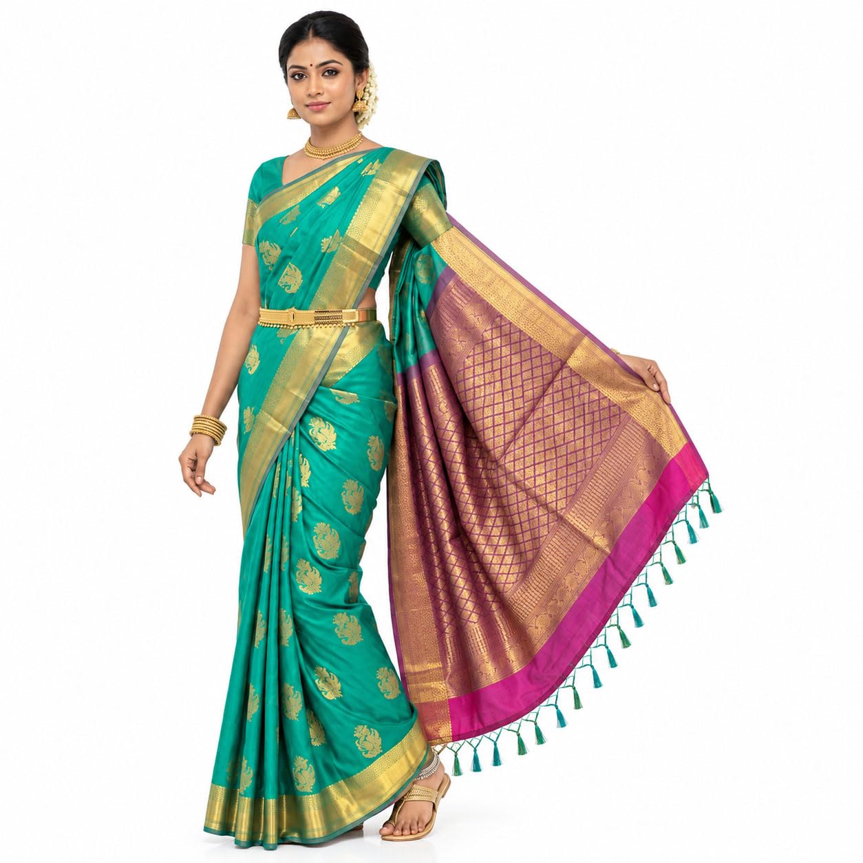 Kanchipuram Semi Silk Saree for Women | Rich Zari Self Border & Contrast Pallu Festive Sari with Blouse
