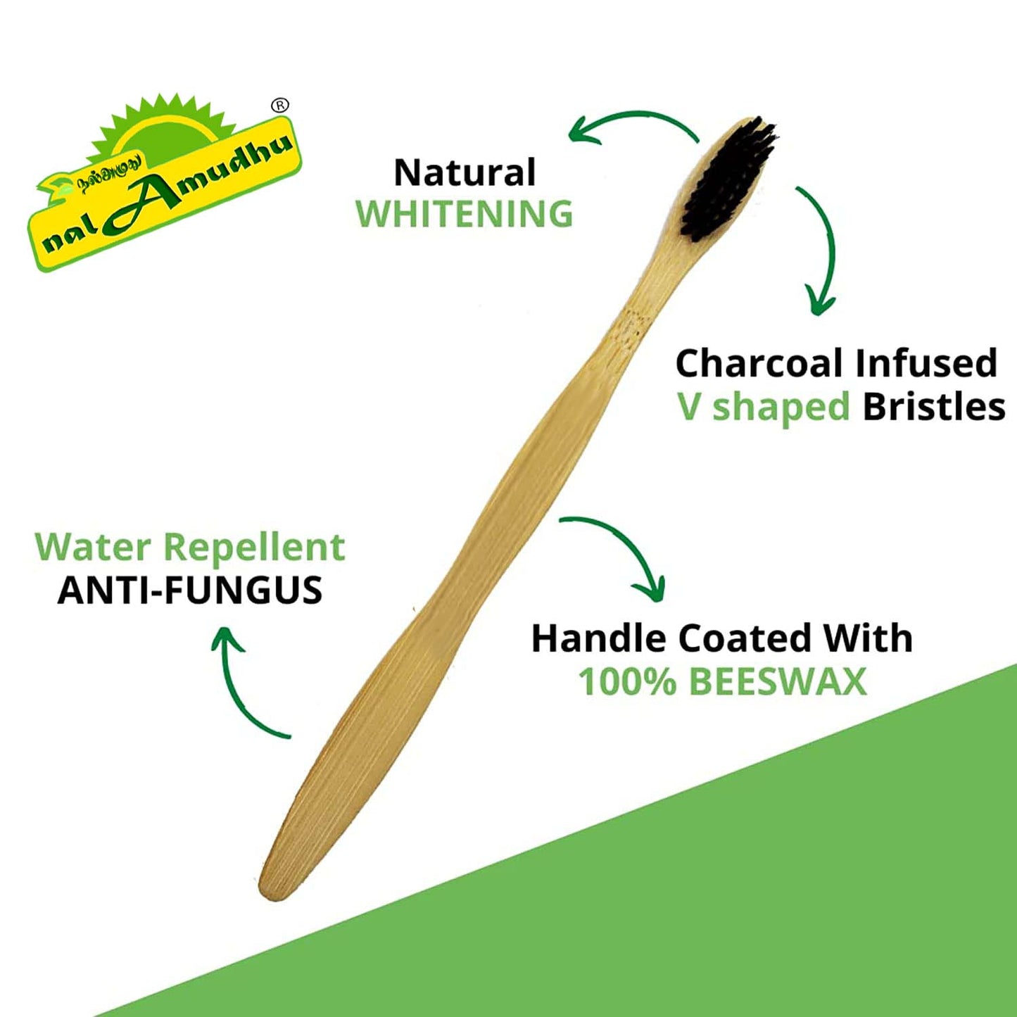 nalAmudhu Bamboo Toothbrush with Charcoal Activated Soft Bristles - Gentle on Teeth, Light Weight, Eco Friendly,Vegan, Natural & Zerowaste-Dental & Oral Care - Pack of 4