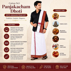 Men's Cotton 9x5 Panjakajam Dhoti with Angavastram Set | Traditional White Veshti with Double Color Gold Zari Border | South Indian Wedding, Temple & Festival Wear