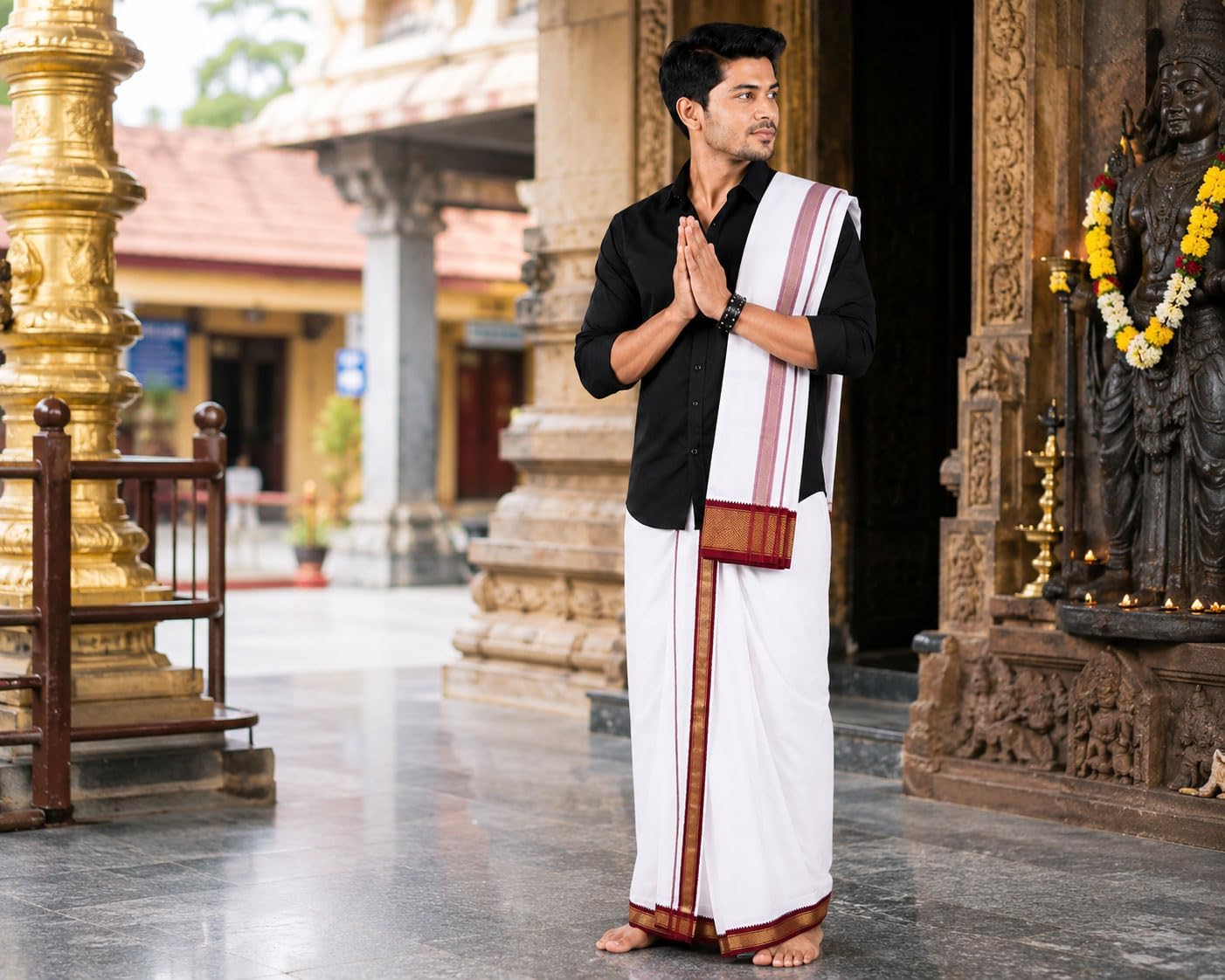 Men's Cotton 9x5 Panjakajam Dhoti with Angavastram Set | Traditional White Veshti with Double Color Gold Zari Border | South Indian Wedding, Temple & Festival Wear
