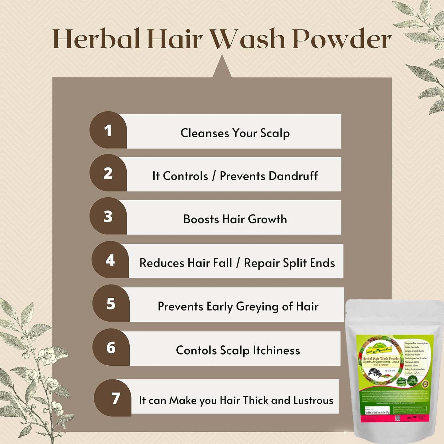 nalAmudhu Herbal Hair Wash and Conditioner Shikakai Powder For Skin and Hair with Hibiscus, Marudhani, Karisalanganni, Fenugreek, Lemon, Amla, Keelanelli, Adhimadhuram 100g