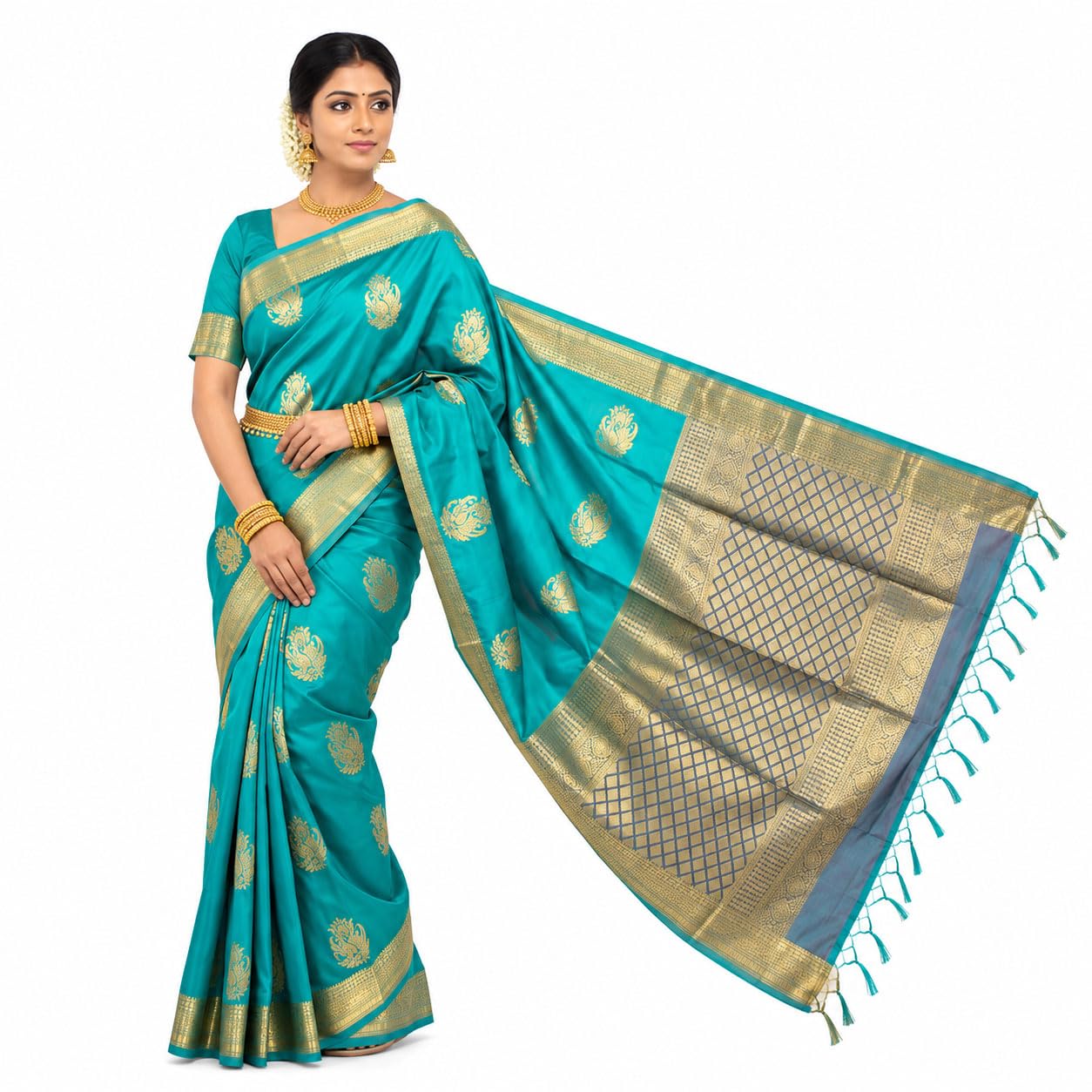 Kanchipuram Semi Silk Saree for Women | Rich Zari Self Border & Contrast Pallu Festive Sari with Blouse