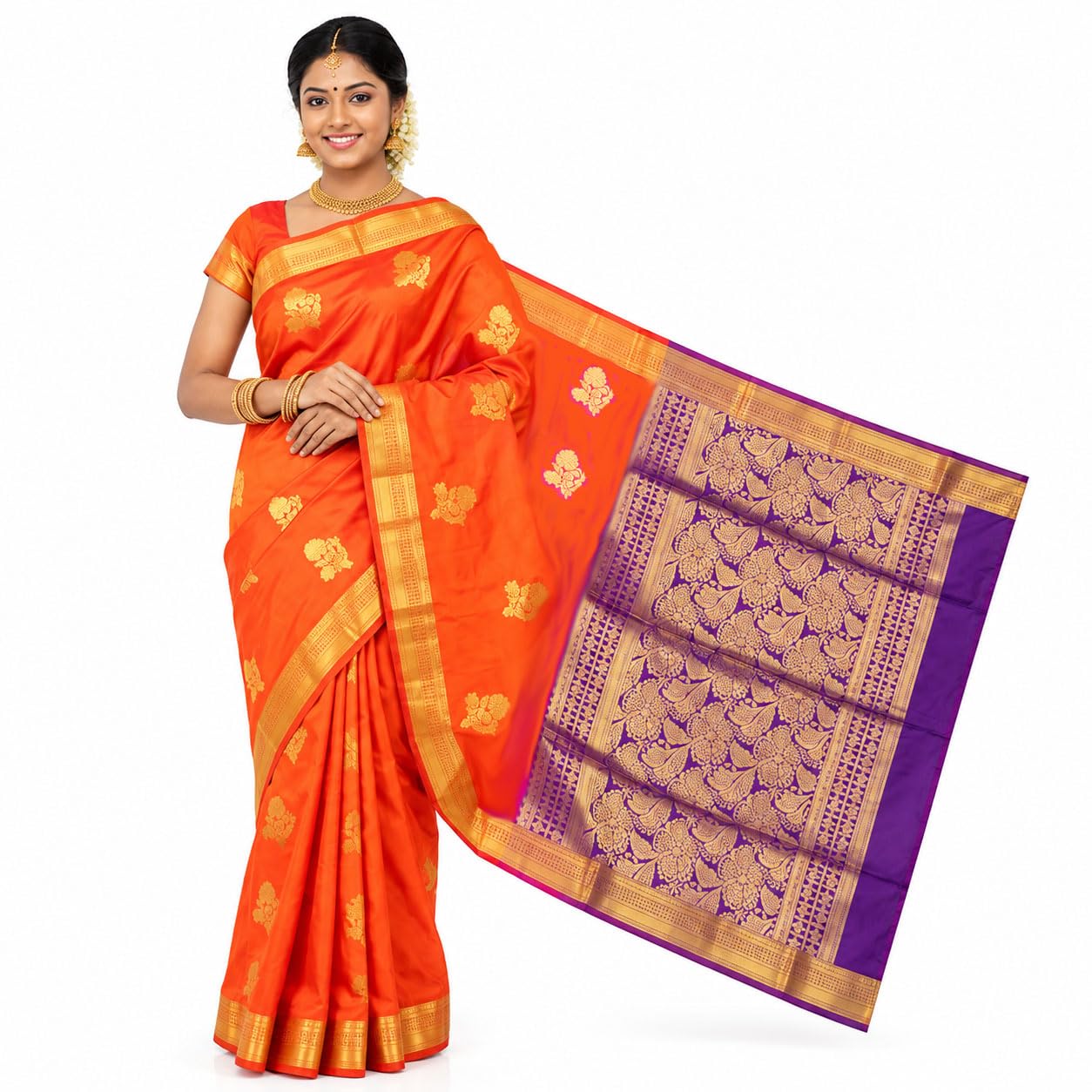 Kanchipuram Semi Silk Saree for Women | Rich Zari Self Border & Contrast Pallu Festive Sari with Blouse