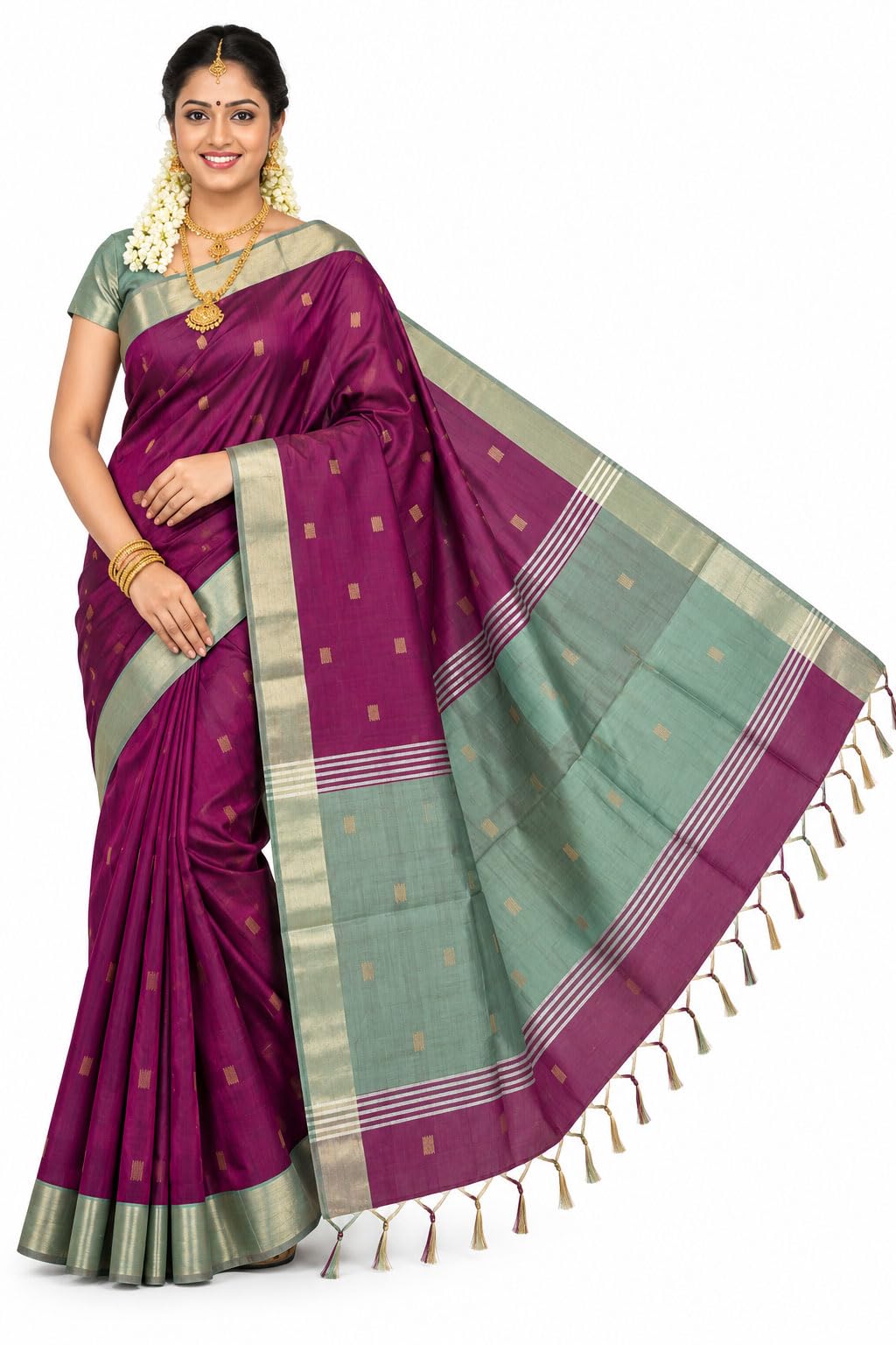 Women’s Maheswari Silk Cotton Saree with 1000 Butta Motifs, Silver Tissue Border & Contrast Pallu