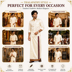 Men’s Cream Art Silk Thalapathy Style Marukarai Dhoti (3.6 Mtr) with Matching Angavastram (1.2 Mtr) Set | Traditional Zari Border Wedding & Festive Mundu Veshti