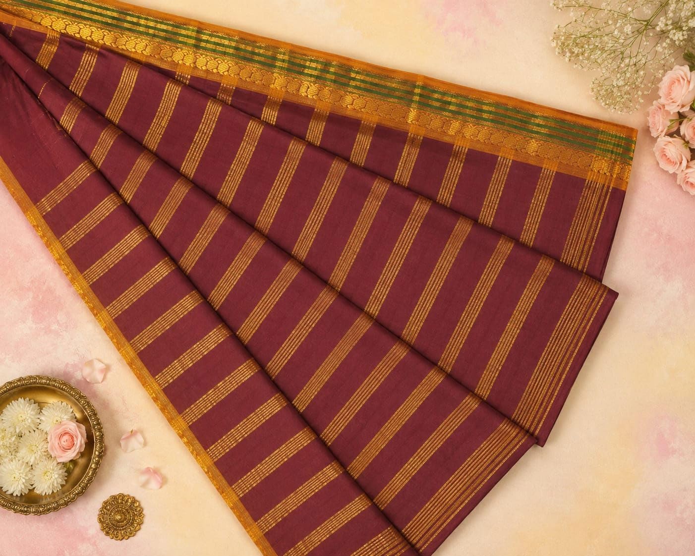 Kanchipuram Cotton Saree for Women | Golden Zari Border | Traditional South Indian Saree for Wedding & Festival