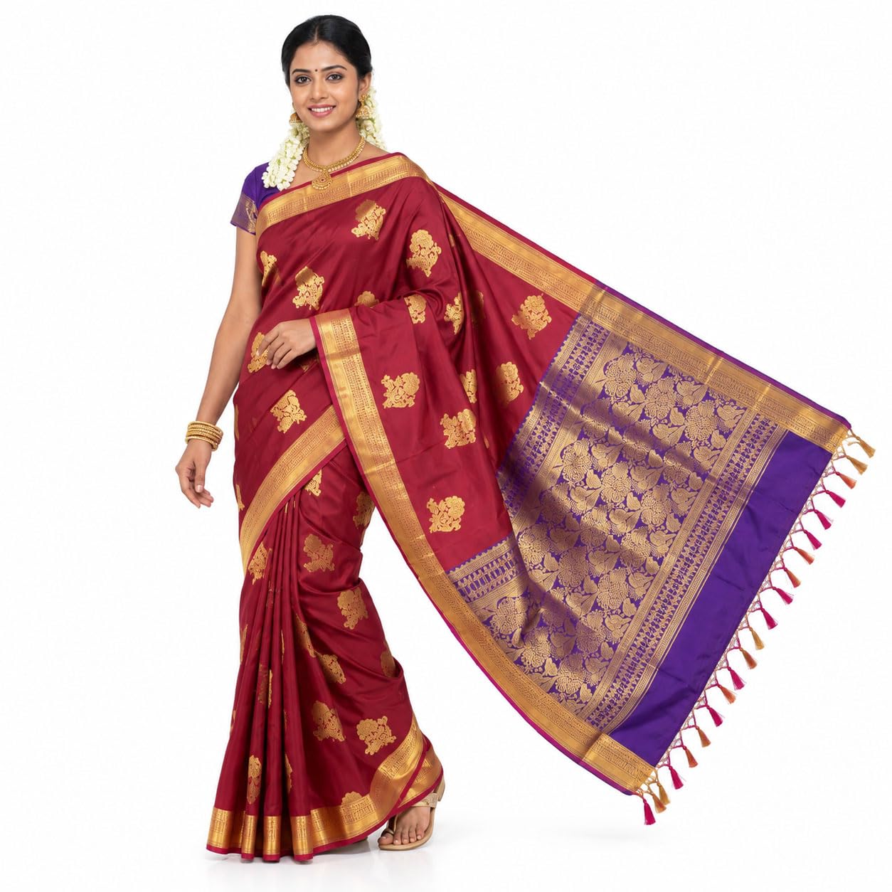 Kanchipuram Semi Silk Saree for Women | Rich Zari Self Border & Contrast Pallu Festive Sari with Blouse