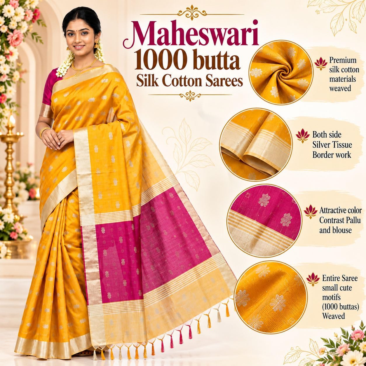 Women’s Maheswari Silk Cotton Saree with 1000 Butta Motifs, Silver Tissue Border & Contrast Pallu