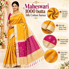 Women’s Maheswari Silk Cotton Saree with 1000 Butta Motifs, Silver Tissue Border & Contrast Pallu