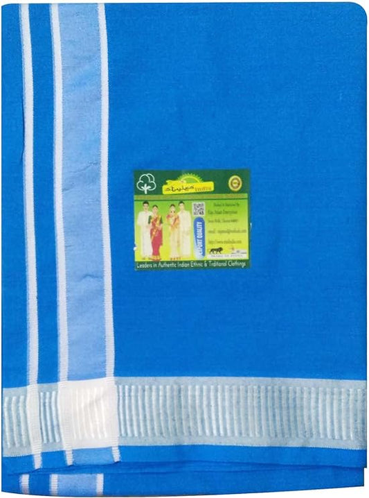 Stylesindia Men's Cotton Colored Dhoti with Fancy Border Kerala-style Veshti Mundu Kaili Lungi 2.0 Mtrs (Blue)