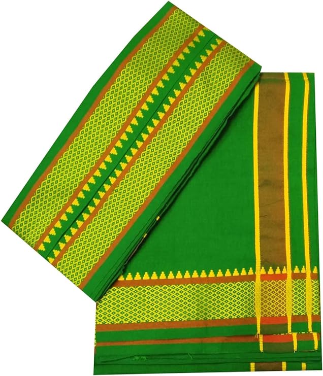 Stylesindia Men's Cotton Dhoti and Angavastram Set - 2.0 Mtr Fancy Resham Bordered Dhoti with 1.5 Mtr Angavastram (Green)