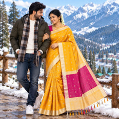 Women’s Maheswari Silk Cotton Saree with 1000 Butta Motifs, Silver Tissue Border & Contrast Pallu