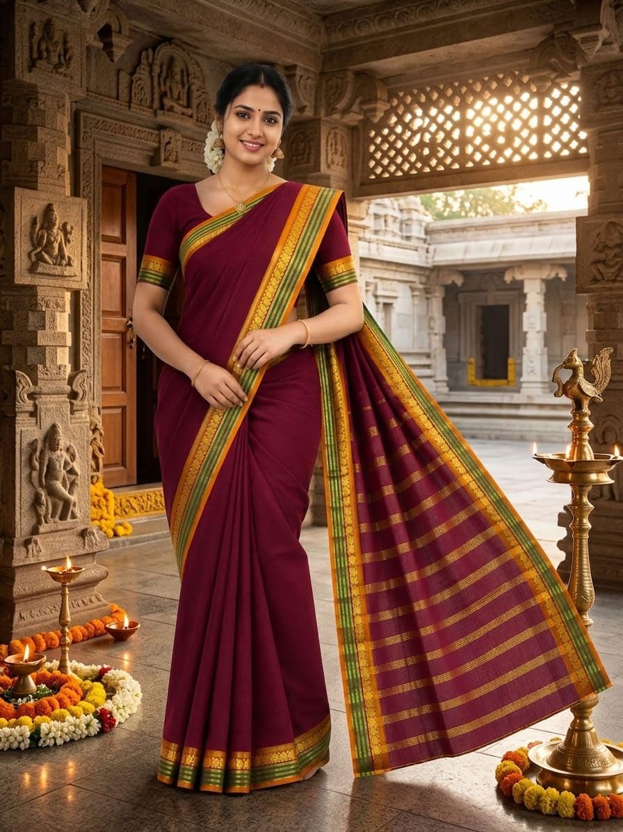 Kanchipuram Cotton Saree for Women | Golden Zari Border | Traditional South Indian Saree for Wedding & Festival