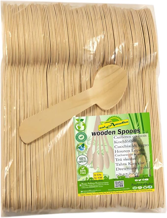 nalAmudhu Disposable Wooden Spoon | Eco Friendly, Biodegradable, Compostable, Eco-Friendly (110MM)