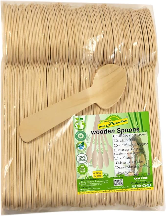 nalAmudhu Disposable Wooden Spoon | Eco Friendly, Biodegradable, Compostable, Eco-Friendly (160MM)