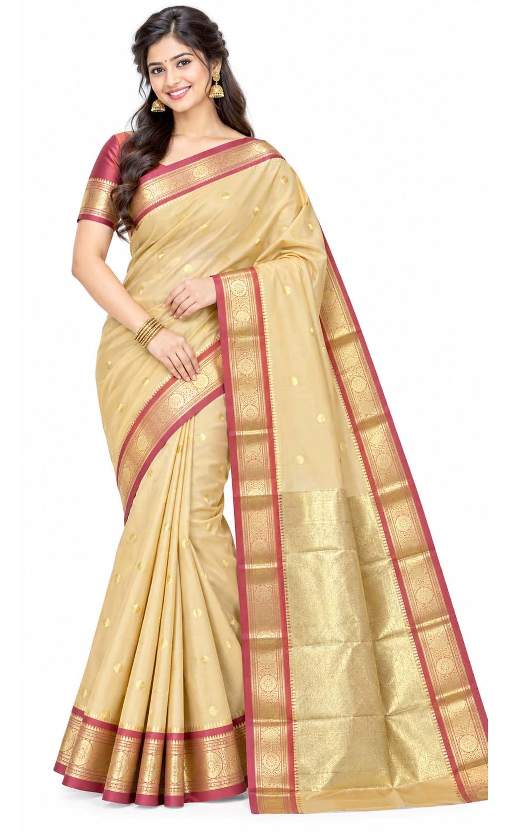 Women's Kanchi Cotton Saree with Rich Zari Border, Brocade Pallu & Blouse Piece