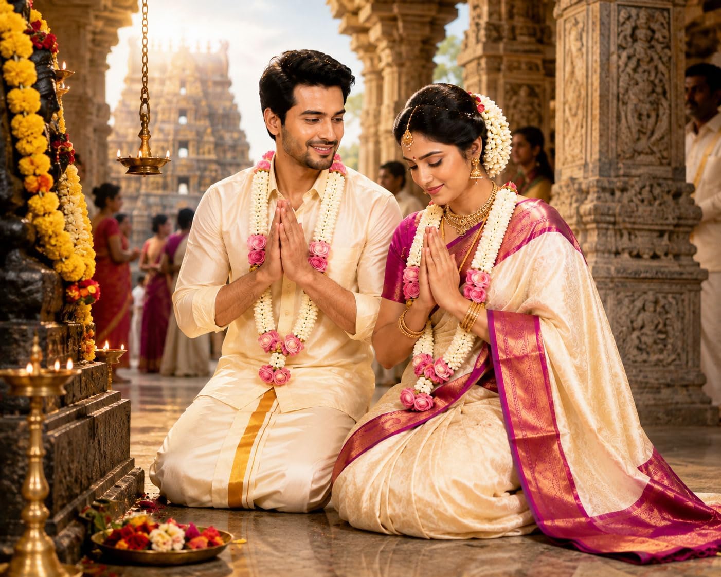 Asha Silk Wedding Dhoti for Men with Golden Zari Border | Ready to Wear Adjustable Stick-On Velcro Dhoti | Cream Traditional South Indian Groom Veshti for Wedding, Temple & Festivals
