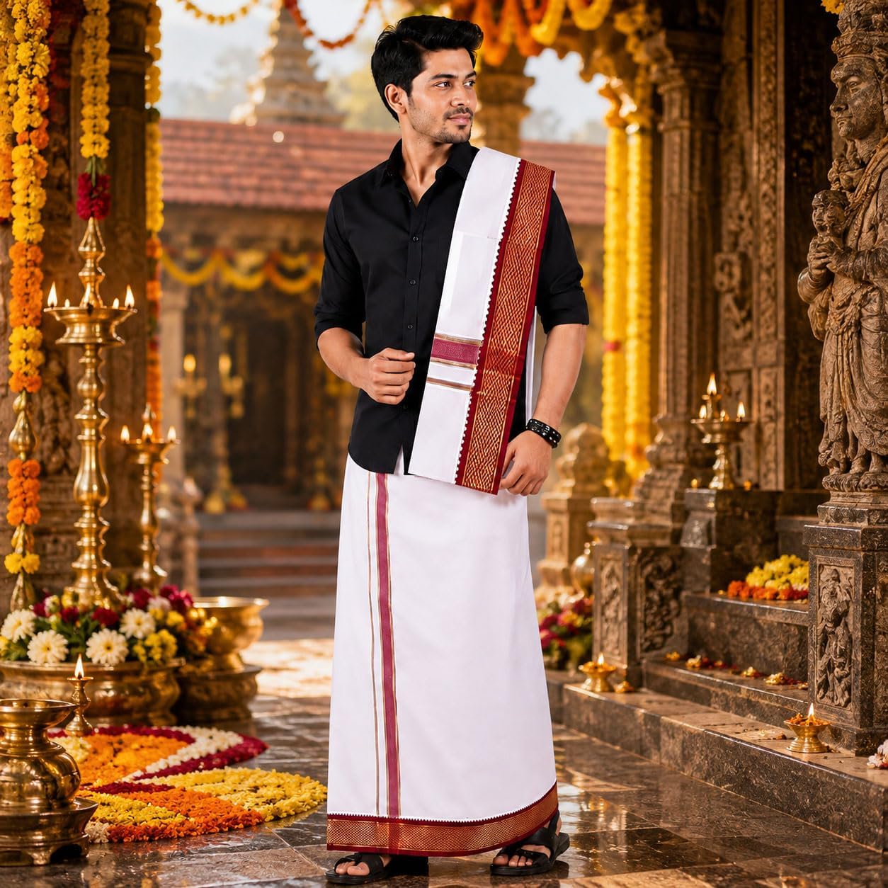 Men's Cotton 9x5 Panjakajam Dhoti with Angavastram Set | Traditional White Veshti with Double Color Gold Zari Border | South Indian Wedding, Temple & Festival Wear