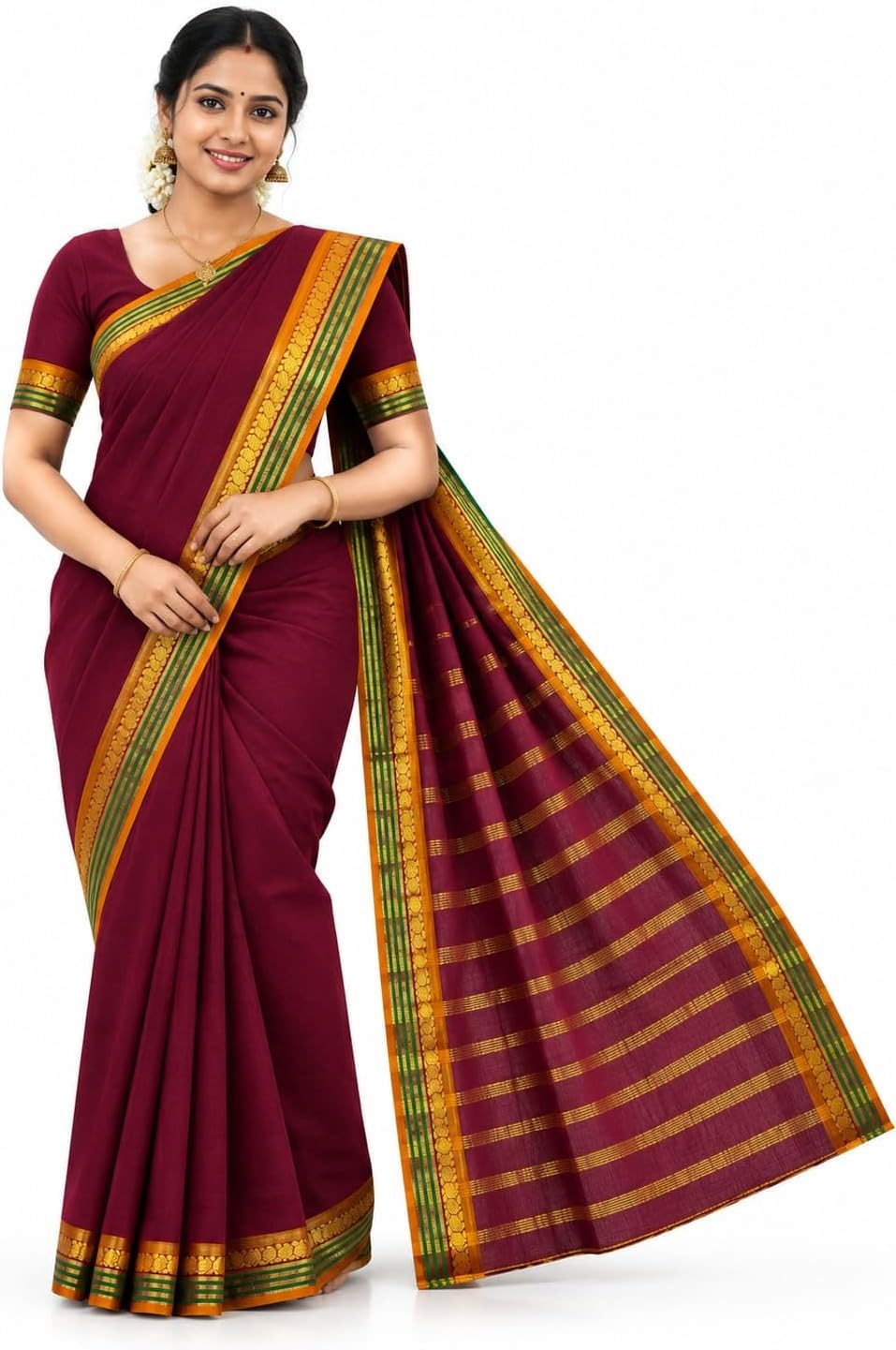 Kanchipuram Cotton Saree for Women | Golden Zari Border | Traditional South Indian Saree for Wedding & Festival