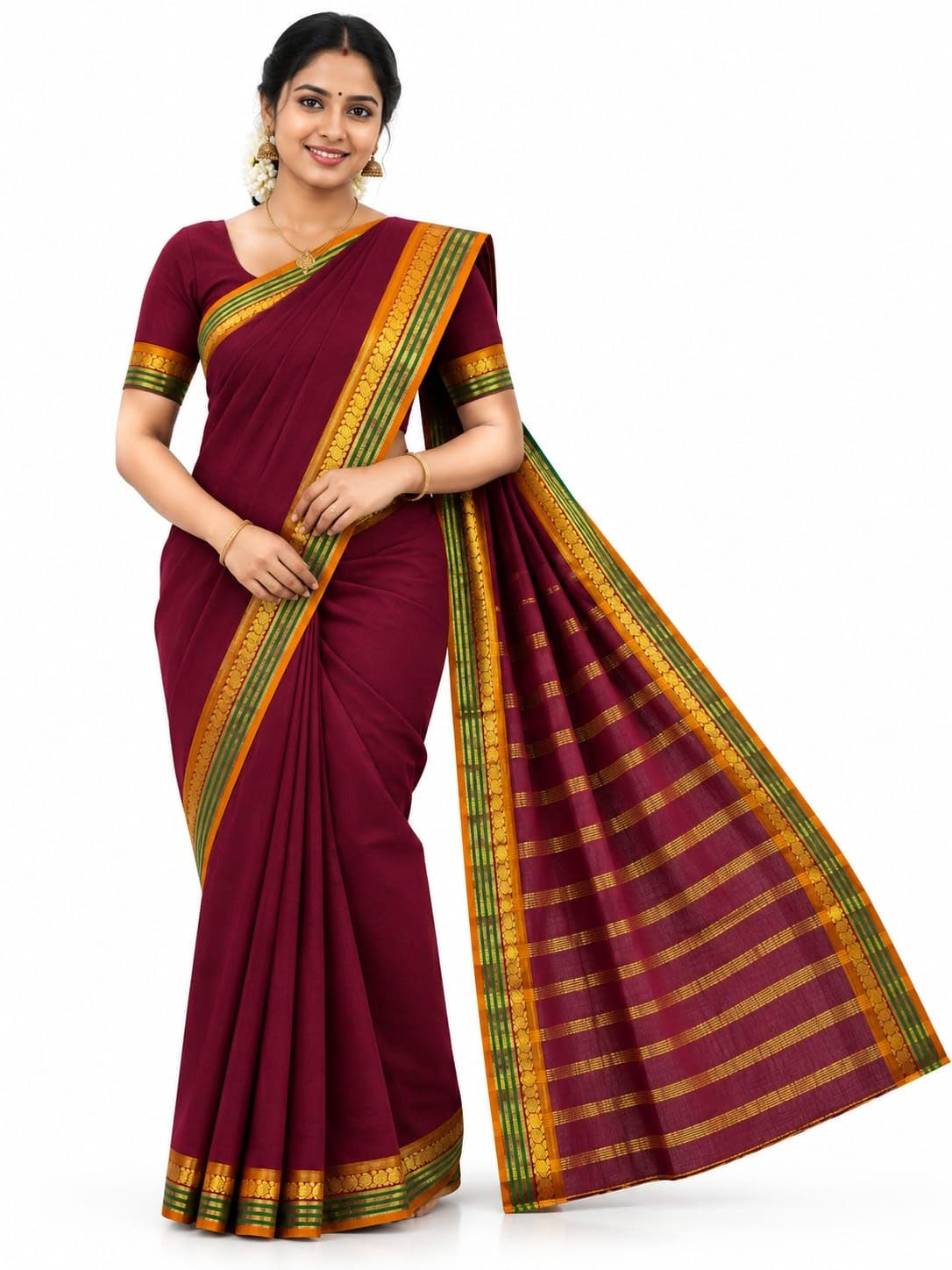 Kanchipuram Cotton Saree for Women | Golden Zari Border | Traditional South Indian Saree for Wedding & Festival