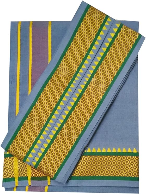 Stylesindia Men's Cotton Dhoti and Angavastram Set - 2.0 Mtr Fancy Resham Bordered Dhoti with 1.5 Mtr Angavastram (Gray)