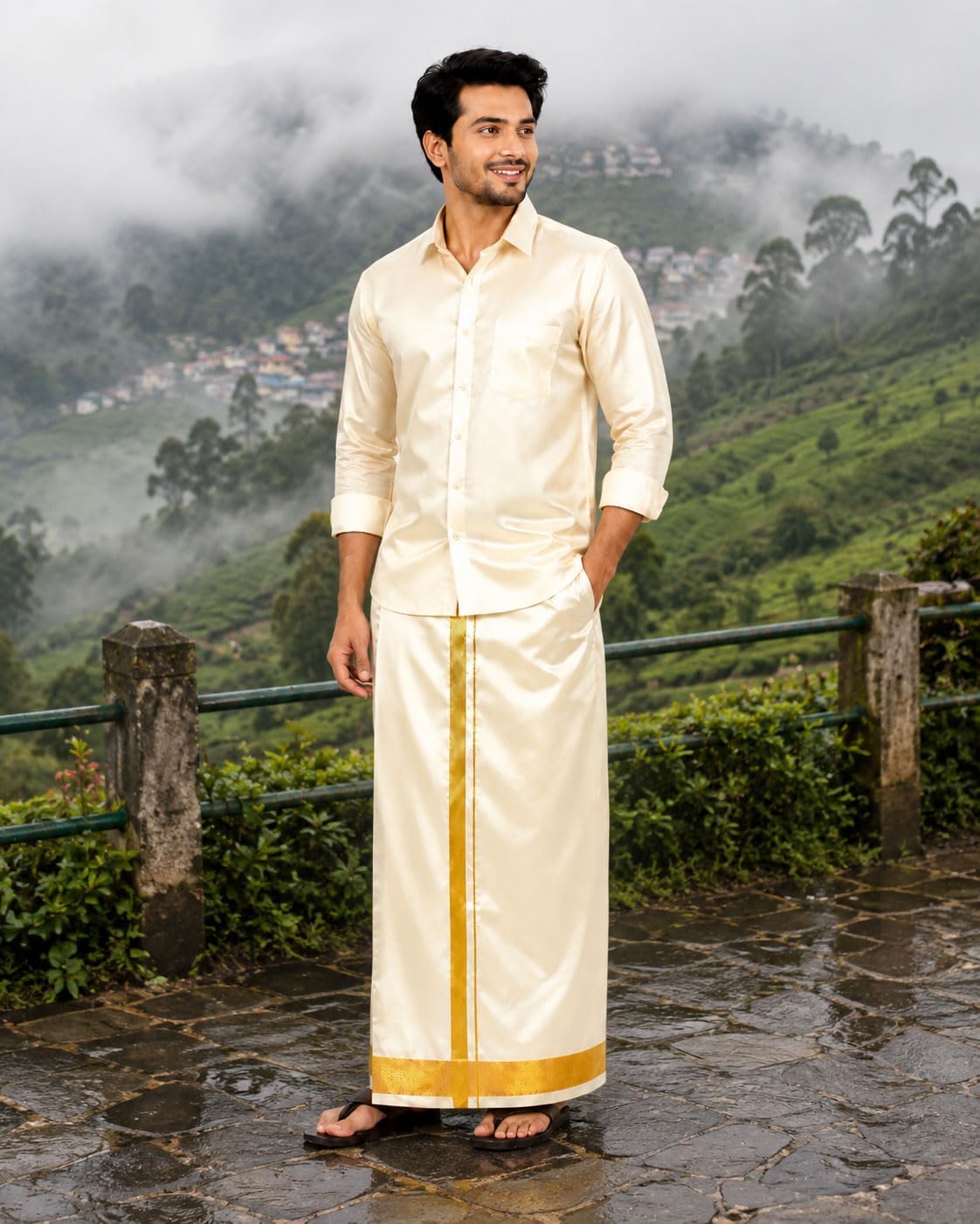 Asha Silk Wedding Dhoti for Men with Golden Zari Border | Ready to Wear Adjustable Stick-On Velcro Dhoti | Cream Traditional South Indian Groom Veshti for Wedding, Temple & Festivals