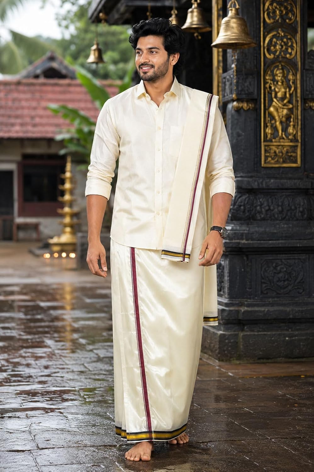 Men’s Cream Art Silk Thalapathy Style Marukarai Dhoti (3.6 Mtr) with Matching Angavastram (1.2 Mtr) Set | Traditional Zari Border Wedding & Festive Mundu Veshti