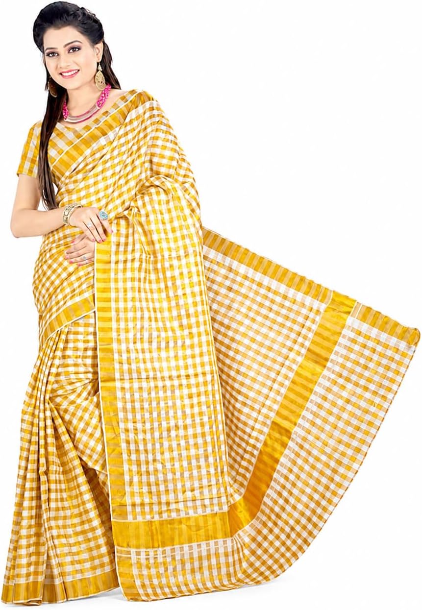 Women's Kerala Kasavu Linen Cotton Saree with Tissue Checks, Golden Zari Border & Matching Blouse Piece, Traditional South Indian Saree for Onam, Wedding, Festival & Special Occasions
