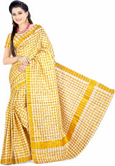 Women's Kerala Kasavu Linen Cotton Saree with Tissue Checks, Golden Zari Border & Matching Blouse Piece, Traditional South Indian Saree for Onam, Wedding, Festival & Special Occasions