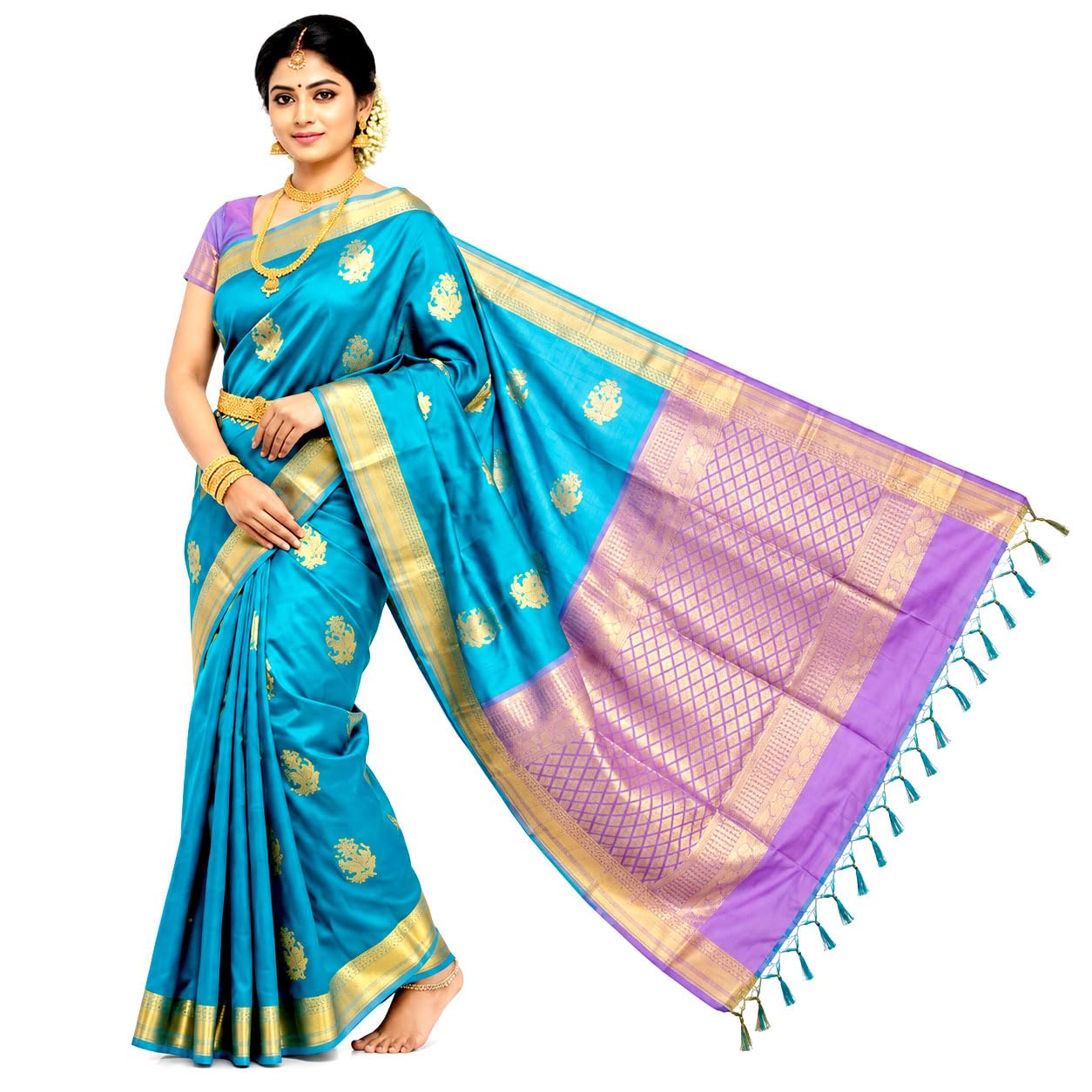 Kanchipuram Semi Silk Saree for Women | Rich Zari Self Border & Contrast Pallu Festive Sari with Blouse