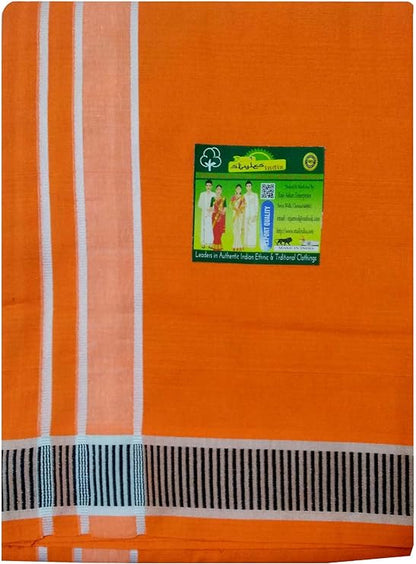 Stylesindia Men's Cotton Colored Dhoti with Fancy Border Kerala-style Veshti Mundu Kaili Lungi 2.0 Mtrs (Orange)