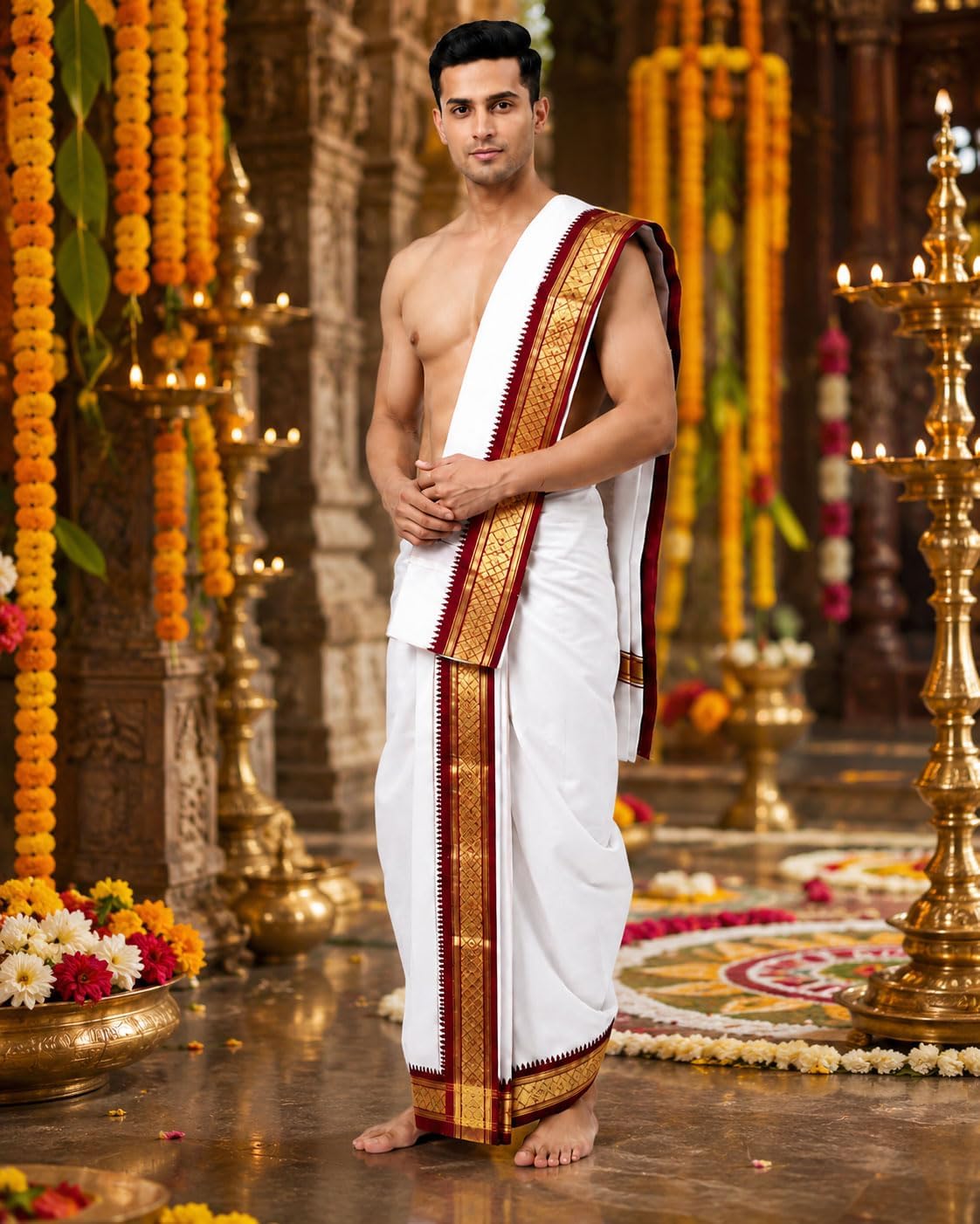 Men's Cotton 9x5 Panjakajam Dhoti with Angavastram Set | Traditional White Veshti with Double Color Gold Zari Border | South Indian Wedding, Temple & Festival Wear