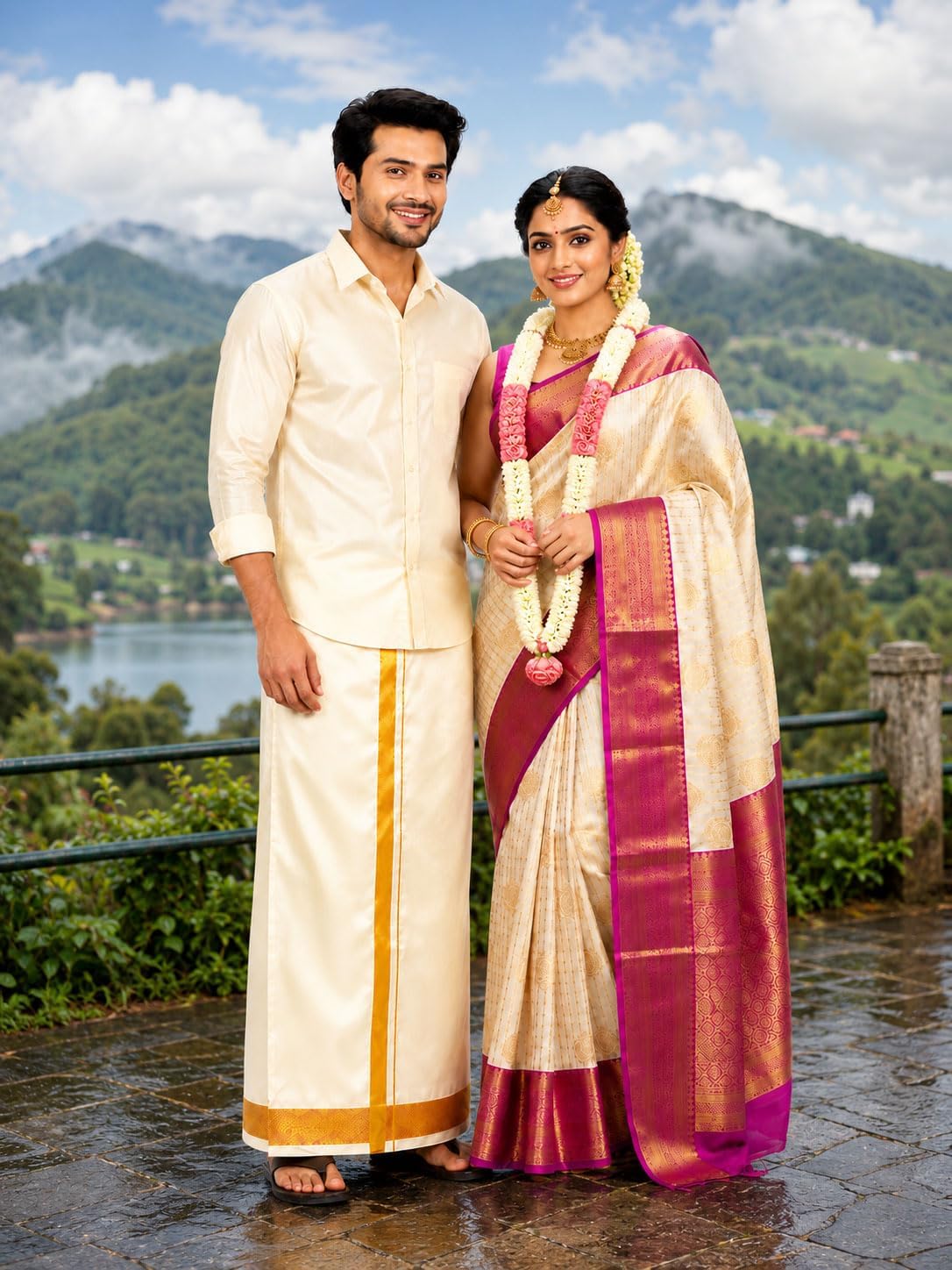 Asha Silk Wedding Dhoti for Men with Golden Zari Border | Ready to Wear Adjustable Stick-On Velcro Dhoti | Cream Traditional South Indian Groom Veshti for Wedding, Temple & Festivals