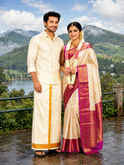 Asha Silk Wedding Dhoti for Men with Golden Zari Border | Ready to Wear Adjustable Stick-On Velcro Dhoti | Cream Traditional South Indian Groom Veshti for Wedding, Temple & Festivals