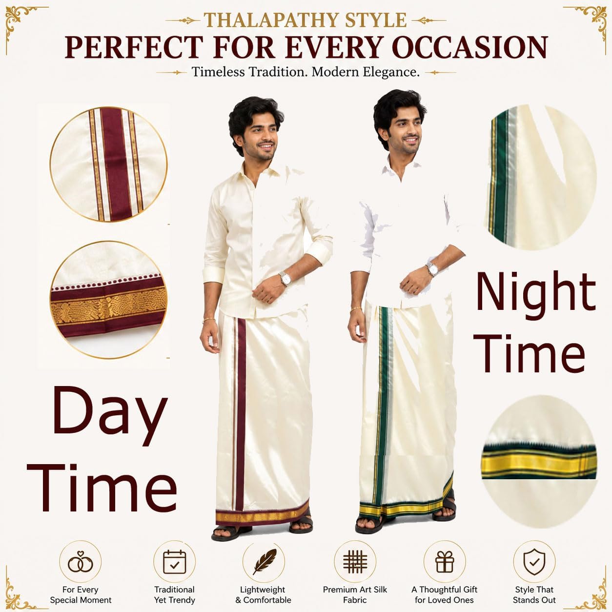 Men’s Cream Art Silk Thalapathy Style Marukarai Dhoti (3.6 Mtr) with Matching Angavastram (1.2 Mtr) Set | Traditional Zari Border Wedding & Festive Mundu Veshti
