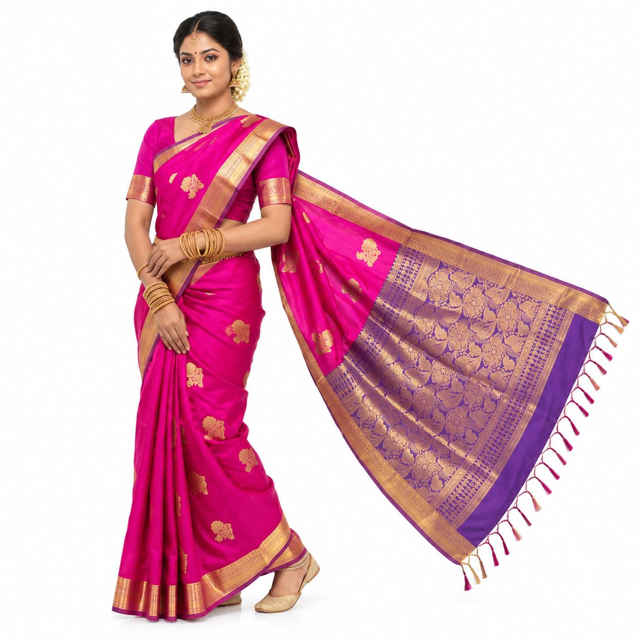 Kanchipuram Semi Silk Saree for Women | Rich Zari Self Border & Contrast Pallu Festive Sari with Blouse
