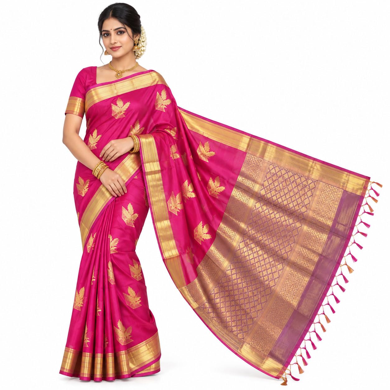Kanchipuram Semi Silk Saree for Women | Rich Zari Self Border & Contrast Pallu Festive Sari with Blouse
