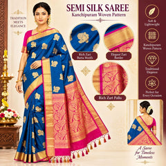 Kanchipuram Semi Silk Saree for Women | Rich Zari Self Border & Contrast Pallu Festive Sari with Blouse