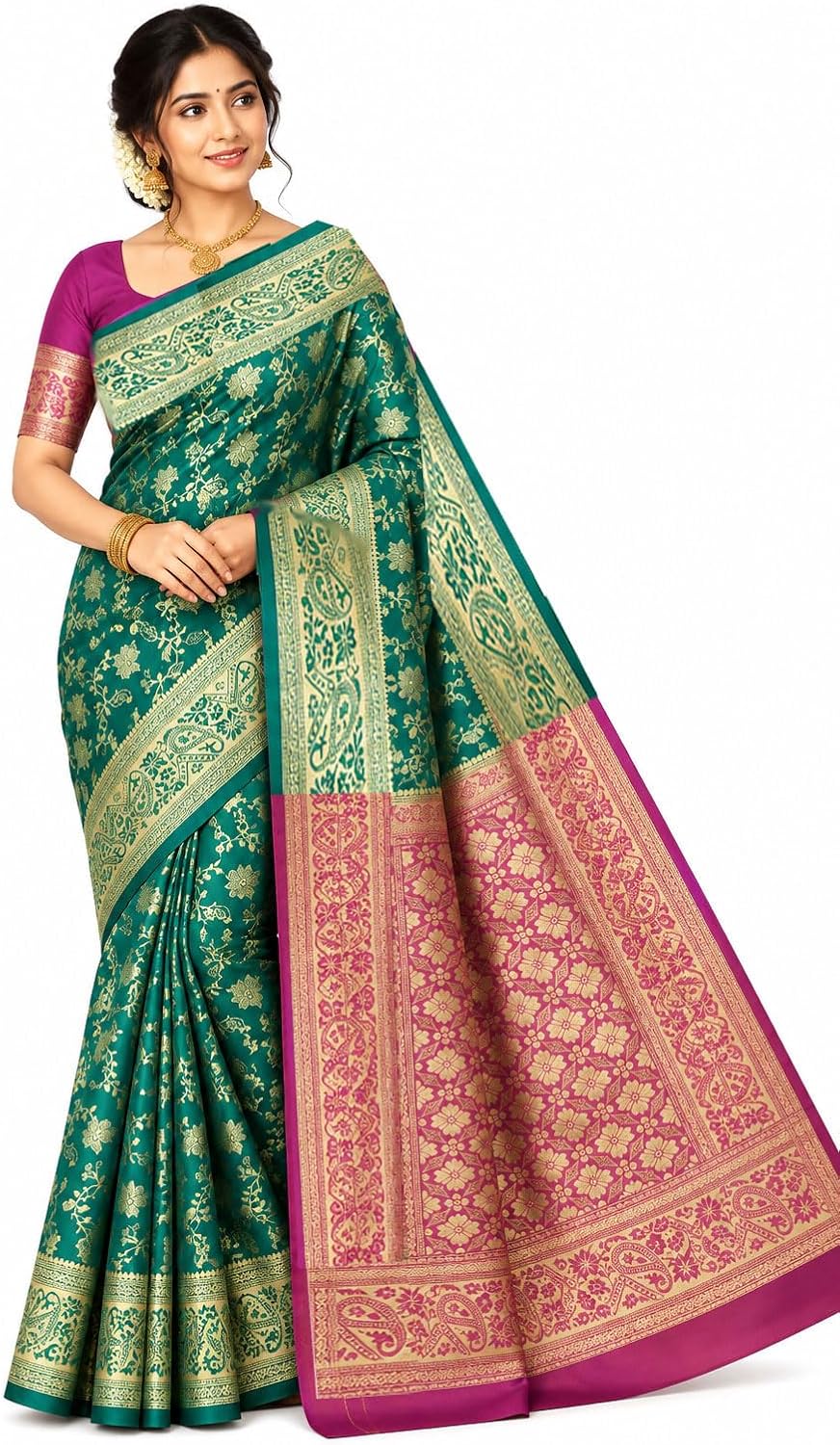 Traditional Banarasi Soft Silk Saree | Rich Zari Border & Contrast Pallu | Elegant Festive & Wedding Sari