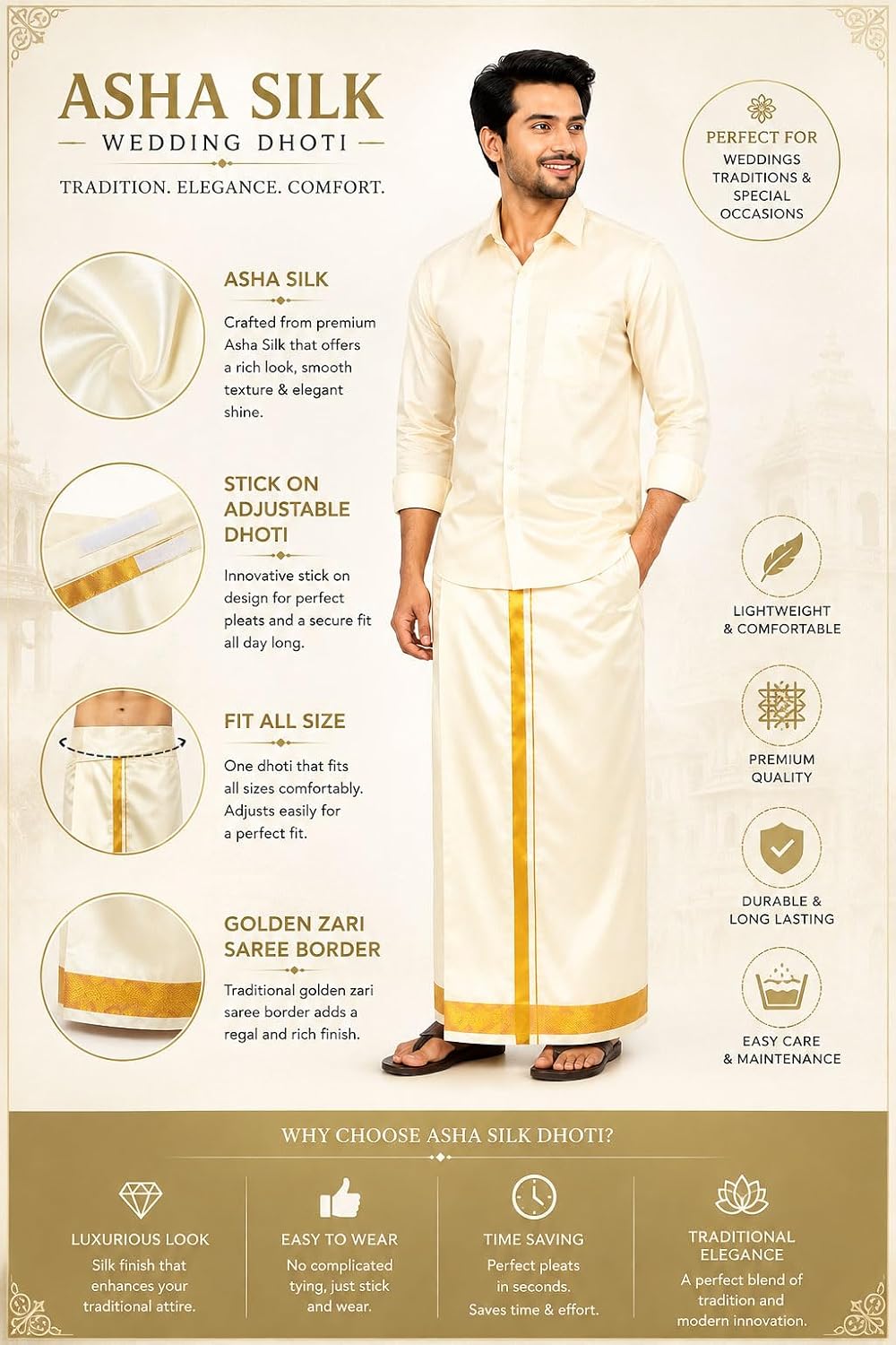 Asha Silk Wedding Dhoti for Men with Golden Zari Border | Ready to Wear Adjustable Stick-On Velcro Dhoti | Cream Traditional South Indian Groom Veshti for Wedding, Temple & Festivals